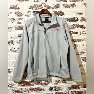 The North Face Jacket Fleece Zip Up Light Gray Coral Logo Sz XL